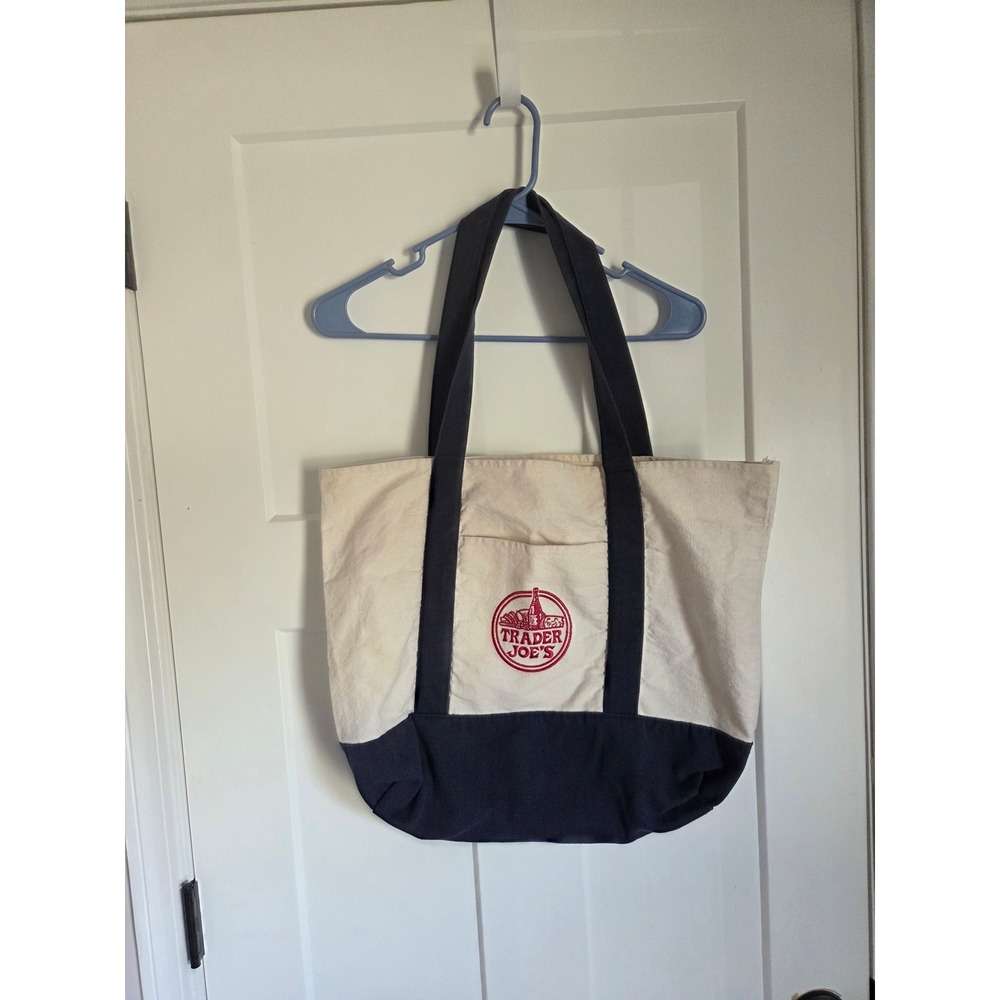 Trader Joes Canvas Tote Bag Navy Blue Cream Reusable Grocery Beach Bag Logo
